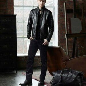 John Varvatos Double-Zip Collar Sheepskin Slim Leather Jacket - ASO Tom Brady